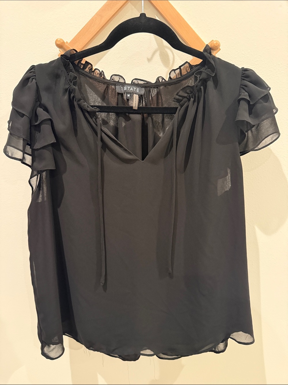 1 STATE Sheer Black Ruffle-Sleeve Tie-Neck Blouse